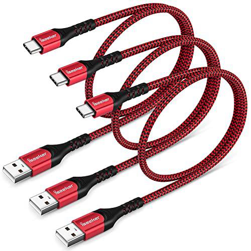 USB C 케이블 1.5FT [3Pack], iSeekerKit 숏 USB A to USB C 케이블 고속충전 데이터 동기화 케이블 호환가능한 삼성 갤럭시 S20 S10 S9 S8 노트 9 8, LG G8 G7, 구글 픽셀 2XL-Red