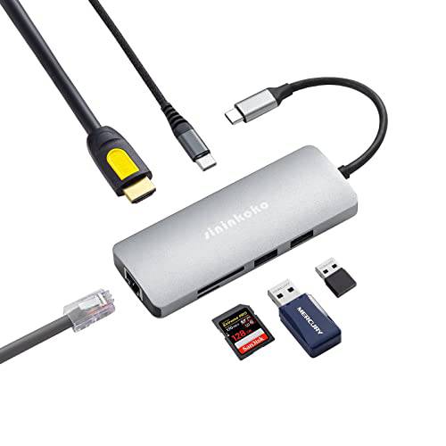 sininkoko USB C 허브 어댑터, 7-in-1 USB C 허브 멀티포트 어댑터 이더넷, 4K HDMI, USB 3.0, USB 2.0, 60W 파워 Delivery, USB-C 데이터 포트 and SD& TF 탈부착 스테이션 맥북맥북프로/ 에어 크롬북 XPS13