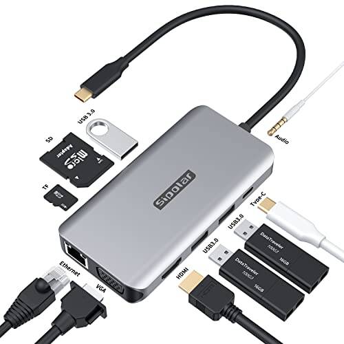 Sipolar 10 in 1 USB C 허브, 멀티포트 랜포트 타입 C 어댑터 탈부착 4K HDMI, USB-C 100W PD 충전, 5Gpbs USB 3.0, SD& TF 카드 리더, 리더기 and 3.5 mm 오디오 맥북, 갤럭시, XPS and More