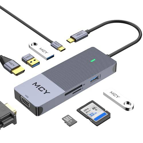 USB C 허브, MCY USB C to HDMI VGA Multiptort 어댑터, 8 in 1 휴대용 타입 C 동글 썬더볼트 3 to HDMI 4K, VGA, USB C PD 충전, 3USB 3.0 포트, SD/ TF 카드 리더, 리더기 호환가능한 맥북 프로, XPS