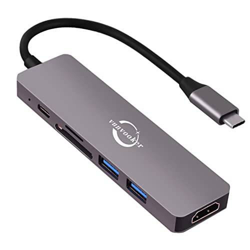USB C 허브, Vunvooker 6 in 1 USB C 멀티포트 어댑터 100W PD, 4K HDMI, SD/ TF 카드 리더, 리더기, 2 USB-A 포트, 휴대용 알루미늄 노트북 동글 호환가능한 맥북 프로/ 에어, 아이패드, XPS, More 타입 C 디바이스