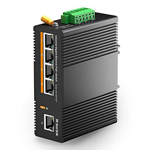 MokerLink 5 포트 PoE 기가비트 산업용 DIN-Rail 이더넷 스위치, 60W PoE+ 파워, 14Gbps 변환 용량, IP40 Rated Unmanaged 네트워크 스위치 (-40 to 185°F), UL 파워 서플라이
