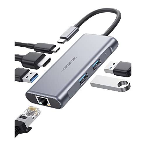 USB C 허브 멀티포트 어댑터, DIOROK 6 in 1 USB C to HDMI 1000Mbps 이더넷, USB C to HDMI 4K, 100W 파워 Delivery, 3 USB 3.0 포트 타입 C 허브 동글 호환가능한 맥북 프로, and USB-C 노트북