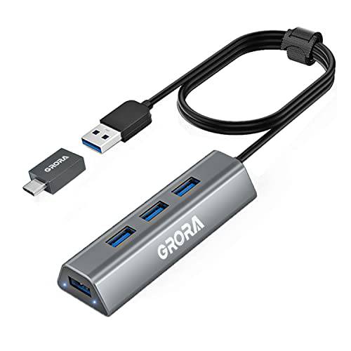 GRORA USB 허브, 5-Port 알루미늄 합금 데이터 USB 3.0 허브 마이크로 USB 충전 포트 and 2.5 ft Extended 케이블 and USB C 어댑터, 적용가능한 맥북, 노트북, PS4, 휴대용 HDD,  플래시드라이브, and More