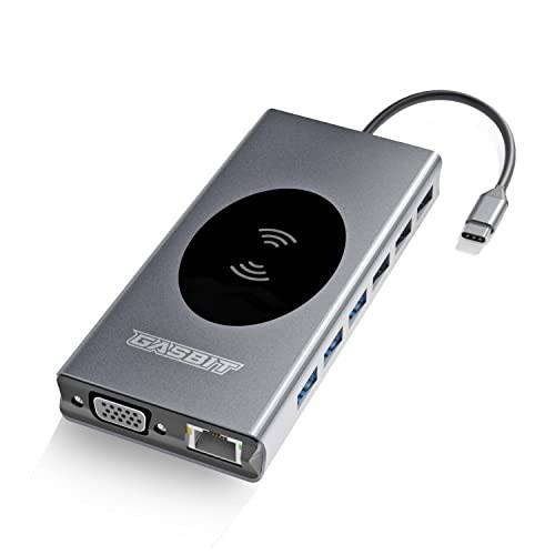 GASBIT 15-in-1 USB C 허브 멀티포트 어댑터 무선 폰 충전기; USB C 파워 어댑터; USB-C 동글 to HDMI; VGA; SD/ 마이크로SD 카드 리더, 리더기; 이더넷; 3 USB 2.0; 4 USB 3.0; 1 USB-C PD; 오디오 잭