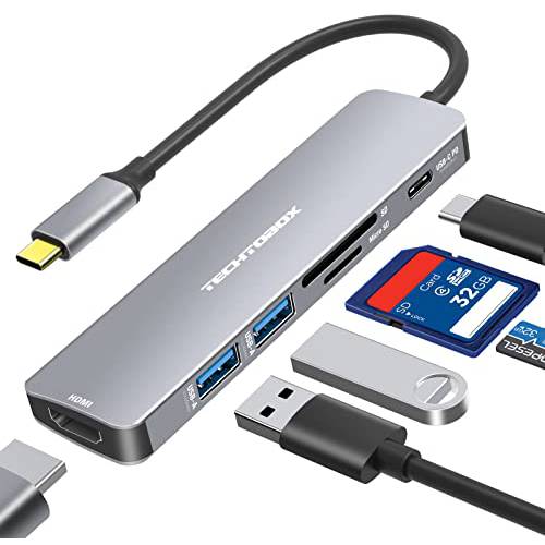USB C 허브 멀티포트 어댑터 TECHTOBOX 6-in-1 휴대용 USB 타입 C 동글 (4K HDMI, 2 USB 3.0 포트, SD/ TF 카드 리더, 리더기, 100W 파워 Delivery) 호환가능한 맥북 프로 에어 and Other USB C 노트북…