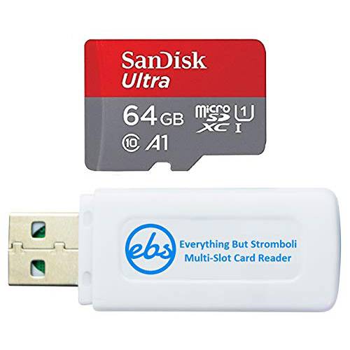 SanDisk 메모리 카드 64GB 울트라 마이크로 SD Works 삼성 A71, A01, A11 휴대폰, 스마트폰 ( SDSQUA4-064G-GN6MN) 번들,묶음 (1) Everything But 스트롬볼리 마이크로 SDXC& SD 카드 리더, 리더기