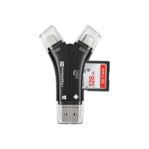 ZOIOT SD 카드 리더, 리더기  아이폰/  아이패드/  맥북/  안드로이드/  카메라/  컴퓨터 4 in 1 마이크로 SD 카드 리더, 리더기 USB C 메모리 카드 리더, 리더기 휴대용 트레일 카메라 뷰어 호환가능한 SD TF (블랙)