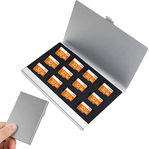 12 슬롯 마이크로 SD 카드 홀더, TF 카드 케이스, 울트라씬 미니 알루미늄 방수 메모리 카드 캐링 케이스, 녹슬지않는 메모리 카드 보호 커버 스토리지 마이크로 SD/ 마이크로 SDXC/ TF 카드 (실버 컬러)