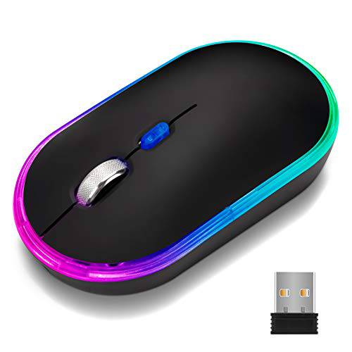 무소음 LED 무선 마우스, CHONCHOW 슬림 저소음 충전식 블랙 2.4G 무선 LED 마우스, 휴대용 휴대용 광학 오피스 마우스 PC 컴퓨터 노트북 Mac (블랙)