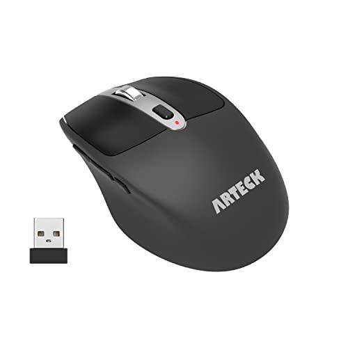 Arteck 2.4G 무선 마우스 소형 USB 리시버 인체공학 디자인 무소음 Clicking 사이드 스위치 버튼  컴퓨터/  데스크탑/ PC/  노트북 and 윈도우 10/ 8/ 7 Build in 충전식 배터리 블랙