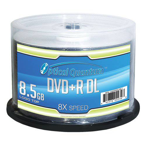 광학 Quantum OQDPRDL08LT 8X 8.5 GB DVD+ R DL 더블 레이어 기록가능 블랭크 미디어 로고 탑, 50-Disc Spindle