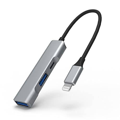 USB 허브, [애플 MFi 인증된] 3-in-1 라이트닝 to USB OTG 허브 2 USB 3.0 포트 and 고속충전 포트 아이폰/ 아이패드 호환가능한 USB 마이크/ USB 플래시 드라이브/ 키보드/ 마우스/ USB 사운드 카드