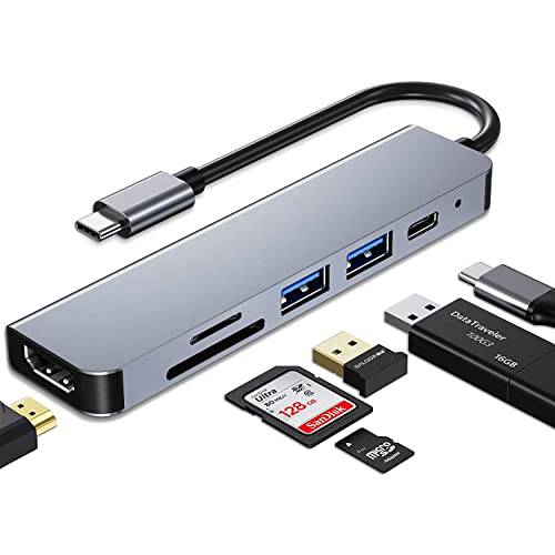 USB C 허브 6 in 1 Type-C 허브, USB C 허브 멀티포트 어댑터 4K 30Hz HDMI, 100W PD, 1 USB 3.0Port, 1 USB 2.0, SD/ TF 카드 리더, 리더기, 호환가능한 맥북 에어/ 프로, 아이패드 프로, 서피스 프로, XPS and More