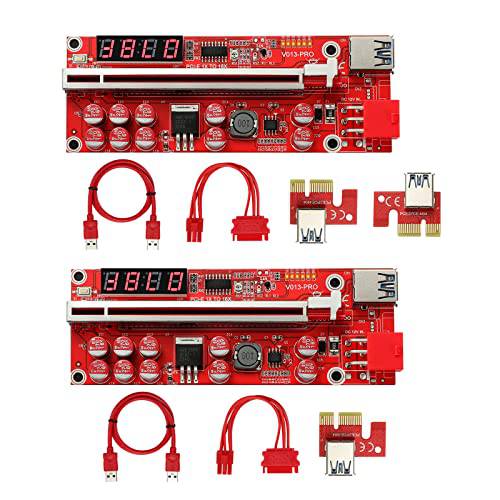 MZHOU 2PACK PCI-E GPU 라이저 카드 Bitcoin Ethereum ETH 마이닝 1x to 16x 그래픽 라이저 카드 10 솔리드 커패시터/ 온도 탐침,탐색기/ RGB LED 라이트/ 60cm USB 3.0 Cable(Red VER013 프로)