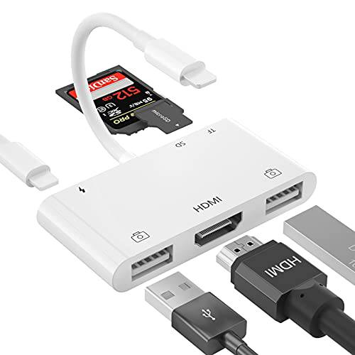 라이트닝 to HDMI 어댑터 아이폰 to TV, 6 in 1 USB 카메라 어댑터, TF& SD 카드 리더, 리더기 아이폰, 충전 포트 지원 미디 키보드, 마우스, HD TV/ 프로젝터/ Monitor-Support iOS 15