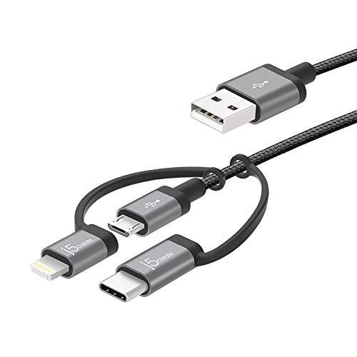 j5create 3-in-1 충전기 케이블 어댑터 | 3.3ft 나일론 Braided USB to 마이크로- USB 호환가능한 애플 아이폰 충전기 라이트닝 케이블 (MFi 인증된)& USB 타입 C 디바이스 | iOS, 안드로이드,  윈도우 - 블랙