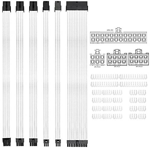 KOTTO Braided ATX Sleeved 케이블 연장 키트 파워 서플라이 케이블 키트, PSU 커넥터, 24 핀, 8 핀, 6 핀 4+ 4 핀, 6 팩, 케이블 Comb 24 피스 세트 24-Pin, 8-Pin, 6-Pin (화이트)