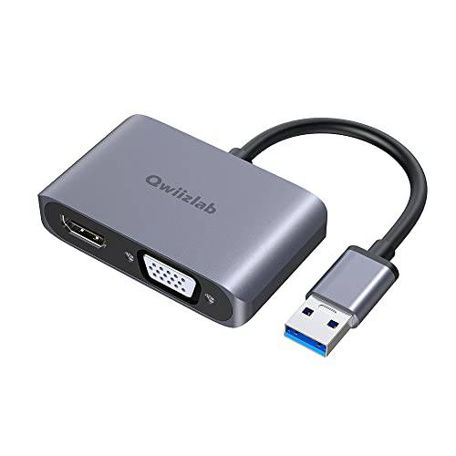 Qwiizlab USB to HDMI VGA 어댑터 듀얼 스크린, 1080P 60Hz 비디오 그래픽 컨버터, 변환기 USB-A 데이터 포트, 호환가능한 윈도우 7 8 8.1 10 11 (Need to 설치 드라이버 Before 사용)