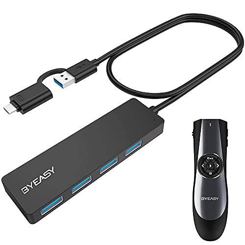 USB 허브 and 무선 프레젠터, BYEASY USB C 허브 to USB 3.0 허브 4 포트 and Presentation 클릭형 Remote(Black+ 블랙)