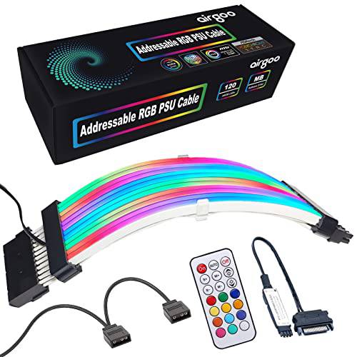 Airgoo 주소지정가능 RGB PSU 케이블 연장 키트, 24 핀 ATX 케이블 확산 LED 스트립, 120 LEDs 슈퍼 브라이트 5V 3-pin Aura 동기화, Gigabyte RGB 퓨전, MSI 미스틱 라이트 동기화,  리모컨