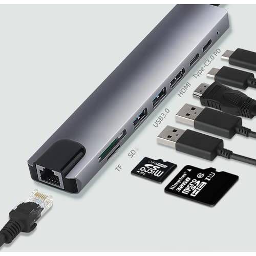 USB C 허브 멀티포트 어댑터 8-in-1 Amanatt 동글 RJ45 이더넷 포트 10/ 100/ 1000 Megabyte per Sec, SD/ TF 카드 슬롯, 4K HDMI, USB 3.0, 맥북 프로, Mac 에어, 아이패드 프로, 삼성