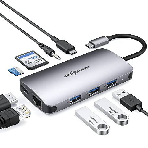 USB C 허브, 9-in-1 USB-C 허브 멀티포트 어댑터 4K HDMI, 1Gbps RJ45 이더넷 100W PD, 3 USB 3.0 SD/ TF 카드 리더, 리더기, SWIPESMITH USB C 동글 3.5mm 오디오 포트 맥북 에어/ 프로 XPS and More