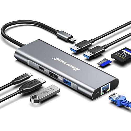 USB C 허브, Hiearcool USB C 4K 60Hz HDMI 1Gbps 이더넷 어댑터, 8 IN1 멀티포트 타입 C 어댑터 100W PD USB C 도크 USB3.0 TF/ SD 동글 호환가능한 맥북 Dell Hp 레노버 크롬북 and 타입 C 디바이스