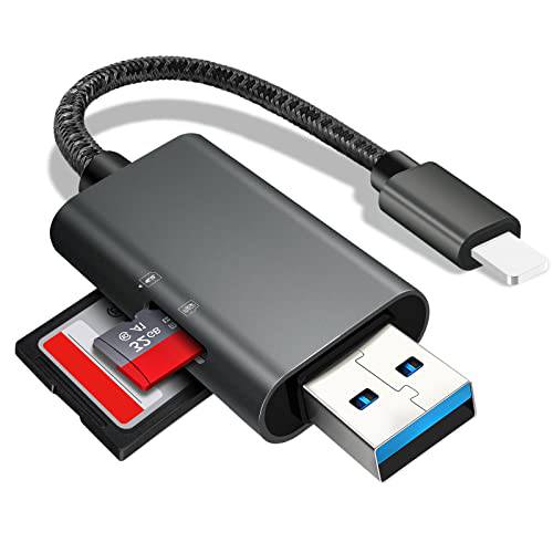 GNASEET SD 카드 리더, 리더기 아이폰/ 아이패드/ PC, USB 3.0/ 아이폰 SD 마이크로 SD 듀얼 슬롯 메모리 카드 어댑터, 트레일 게임 카메라 뷰어 아이폰/ 아이패드/ PC/ 노트북/ 데스크탑, No 어플 필수, 플러그 and 플레이 (그레이)