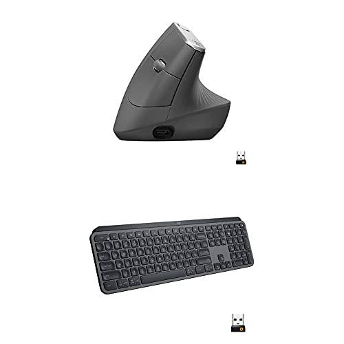 로지텍 MX 키 Advanced 무선 조명 키보드 - 흑연& MX 버티컬 무선 마우스 (블루투스 or USB), 충전식,  흑연