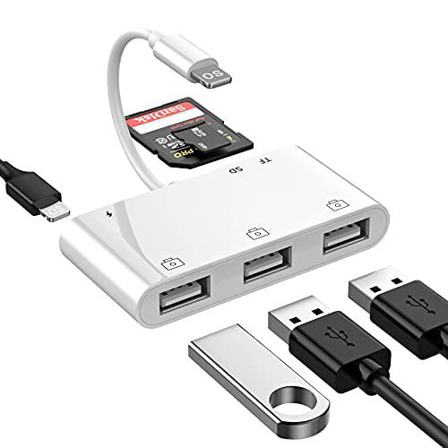 K-mate 호환가능한 아이폰/ 아이패드 to USB 어댑터, 6 in 1 USB 카메라 to 아이폰/ 아이패드 어댑터 SD& TF 카드 리더, 리더기, 파워 Delivery, 호환가능한 아이폰/ 아이패드/ 아이팟 and More USB 디바이스 화이트