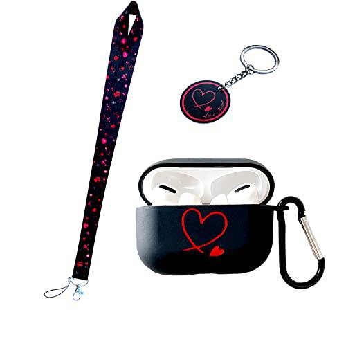 BLRGMZC 팬시 Love Heart 스트랩 키체인,키링,열쇠고리 에어팟 프로 Case，Cute 독특한 레드 Love Heart 개인화 TPU 소프트 에어팟 프로 케이스 프로스트,프로스티드 블랙, 여성스러운 여성 디자인