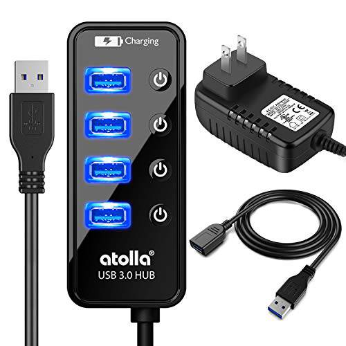 전원 USB 허브, atolla 4-Port USB 3.0 허브 4 USB 3.0 데이터 포트 and 1 USB 스마트 충전 포트, USB 분배기 개인 on/ Off 스위치 and 5V/ 3A 파워 어댑터& 3.3ft 미터 USB 3 연장 C