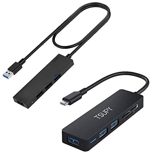 TSUPY USB 3.0 허브 4-Port USB 허브 3.3ft Extended 케이블, 5 in 1 타입 C 어댑터 허브 3 USB 3.0 포트& SD/ TF 카드 리더, 리더기