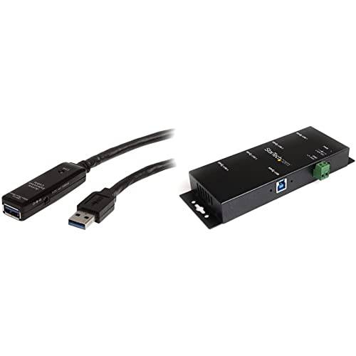 StarTech.com 32.8 ft 액티브 USB 3.0 연장 케이블 AC 파워 어댑터& 4-Port USB 3.0 허브 - 메탈 산업용 USB-A 허브 - 벽면 or 데스크 장착가능 USB 데이터 허브