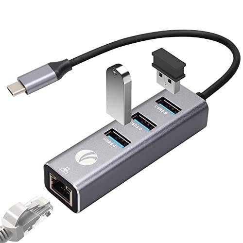 VCOM USB C 허브, Type-C to 3 USB 3.0 어댑터 1Gbps 기가비트 이더넷 포트, 울트라 슬림 알루미늄 쉘 이더넷 컨버터, 변환기 호환가능한 크롬북, XPS, 서피스 프로, 맥북 프로/ 에어, 아이패드 프로
