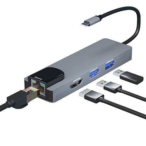 USB C 허브 이더넷, Type-C to RJ45 100Mb+ HDMI 4K@30Hz+ USB3.0+ USB2.0 호환가능한 맥북 프로/ 맥북 에어 16-20/ 아이패드 프로 18-20/ 삼성 갤럭시 S8-S21