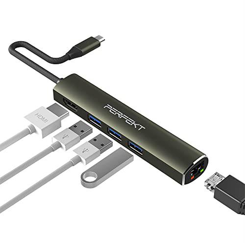 Perfekt USB-C 허브, 5-in-1 멀티포트 타입 C 허브 어댑터 4K HDMI, 기가 이더넷, 3 USB 3.2 A 맥북 프로, 에어, PC, 노트북 and More