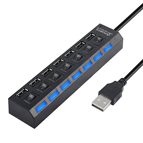 RIIEYOCA 멀티 포트 USB 허브 분배기, 7-Port USB 2.0 데이터 허브 개인 on/ Off 스위치 and LED, 40cm Extended 케이블 USB 포트 확장기 모든 USB 디바이스