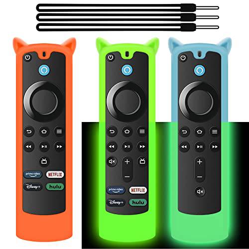 [3 팩] Firestick 리모컨 커버 3rd 2021 4k/ 4k 맥스/ 라이트, 브라이트 컬러 실리콘 보호 케이스 커버, 스트리밍 디바이스 커버 손목 Strap(Glow Green|Glow Blue|Orange)