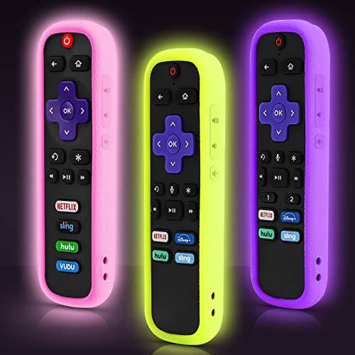 (3 팩) ONEBOM Roku 리모컨 케이스, 배터리 커버 TCL Roku 스마트 TV 찜 스틱 리모컨, 실리콘 Roku 리모컨 커버 글로우 in The Dark(Pink+ 퍼플+ Yellow 모든 can 글로우