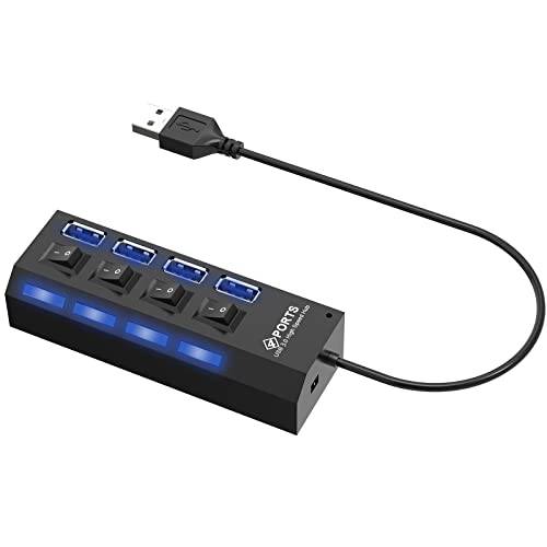MIUOLV 4-Port USB 3.0 허브 LED 라이트 파워 스위치, USB 분배기 노트북, PS4 키보드 and 마우스 어댑터 Dell, ASUS, HP, 맥북 에어, 서피스 프로, Acer, 엑스박스 (블랙)