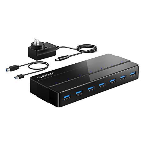 전원 7-Port USB 3.0 허브, ORICO USB 데이터 허브 12V 파워 어댑터, 멀티 USB 3.0 분배기 3.3 Ft 롱 USB 케이블 PC, 노트북, 키보드, 마우스, HDDs and More-Black