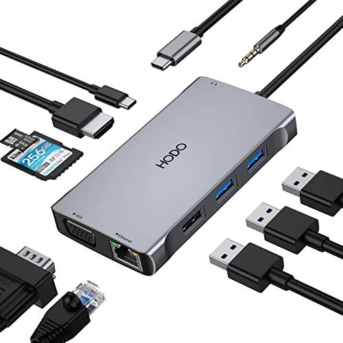 USB C 허브 어댑터, 10 in 1 Mac 어댑터 HDMI, VGA, 기가비트 이더넷, 3 USB 포트, 오디오, 100W PD, SD/ TF 카드 리더, 리더기, USB C 허브 호환가능한 맥북 프로, XPS More 타입 C 디바이스
