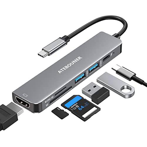 ATEBOUNER USB C 허브, 6 in 1 USB C to HDMI 멀티포트 어댑터 4K HDMI, USB 3.0/ USB 2.0, USB C 100W PD 충전 and 마이크로 SD/ SD 카드 리더, 리더기 맥북, 아이패드 프로, XPS, 삼성 휴대폰 and More
