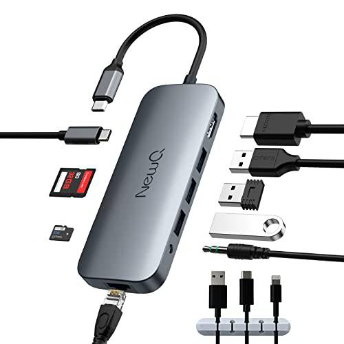 NewQ USB C 허브 노트북: 9-in-1 USB-C 허브 4K HDMI, 3*USB 포트, SD/ TF 리더, 리더기, 기가비트 이더넷, 오디오 포트, PD-in 100W 맥스, 맥북 프로/ 에어, 아이패드 프로, USB-C(Thunderbolt 3& 4) 노트북