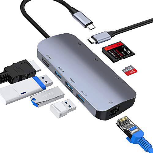 USB C 허브, 8 in 1 USB C to HDMI 멀티포트 어댑터 1000M 이더넷, 100W 파워 Delivery, SD/ TF 카드 리더, 리더기, 3 USB 3.0 포트 탈부착 스테이션 호환가능한 맥북 프로/ 맥북 에어/ 아이패드 프로/ XPS