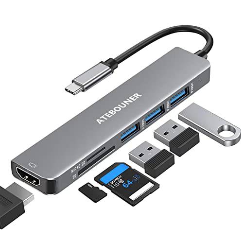 ATEBOUNER USB C to HDMI, USB C 허브, 6-in-1 USB C 동글 멀티포트 어댑터 4K HDMI, 1 USB 3.0/ 2 USB 2.0 and 마이크로 SD/ SD 카드 리더, 리더기, 맥북 에어, 맥북 프로, XPS, and More
