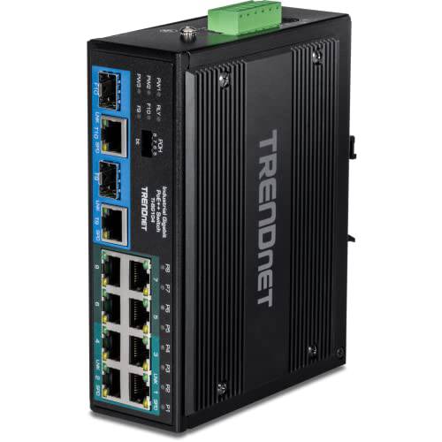 TRENDnet 10-Port 강화 산업용 Unmanaged 기가비트 PoE++ DIN-Rail 스위치, 4 기가비트 PoE++ 포트, 4 기가비트 PoE+, 2 기가비트 공유 포트 SFP or RJ-45, 360W 파워 예산, 블랙, TI-BG104