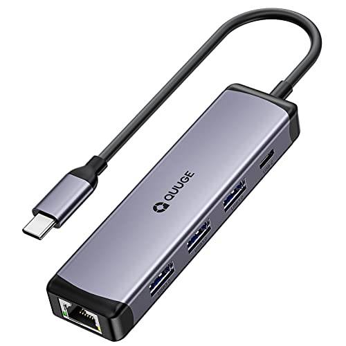 USB C 허브 멀티포트 랜포트, 5 in 1 USB C 동글 1Gbps 이더넷 포트, 100W Pass-Thru, [No Lag] 3 USB 3.0 5Gbps 데이터, Designed 맥북, 맥북 에어/ 프로, 아이맥 [프리 드라이버] - QUUGE